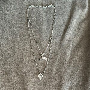 Silver Bird and Leaf Pendant Necklace